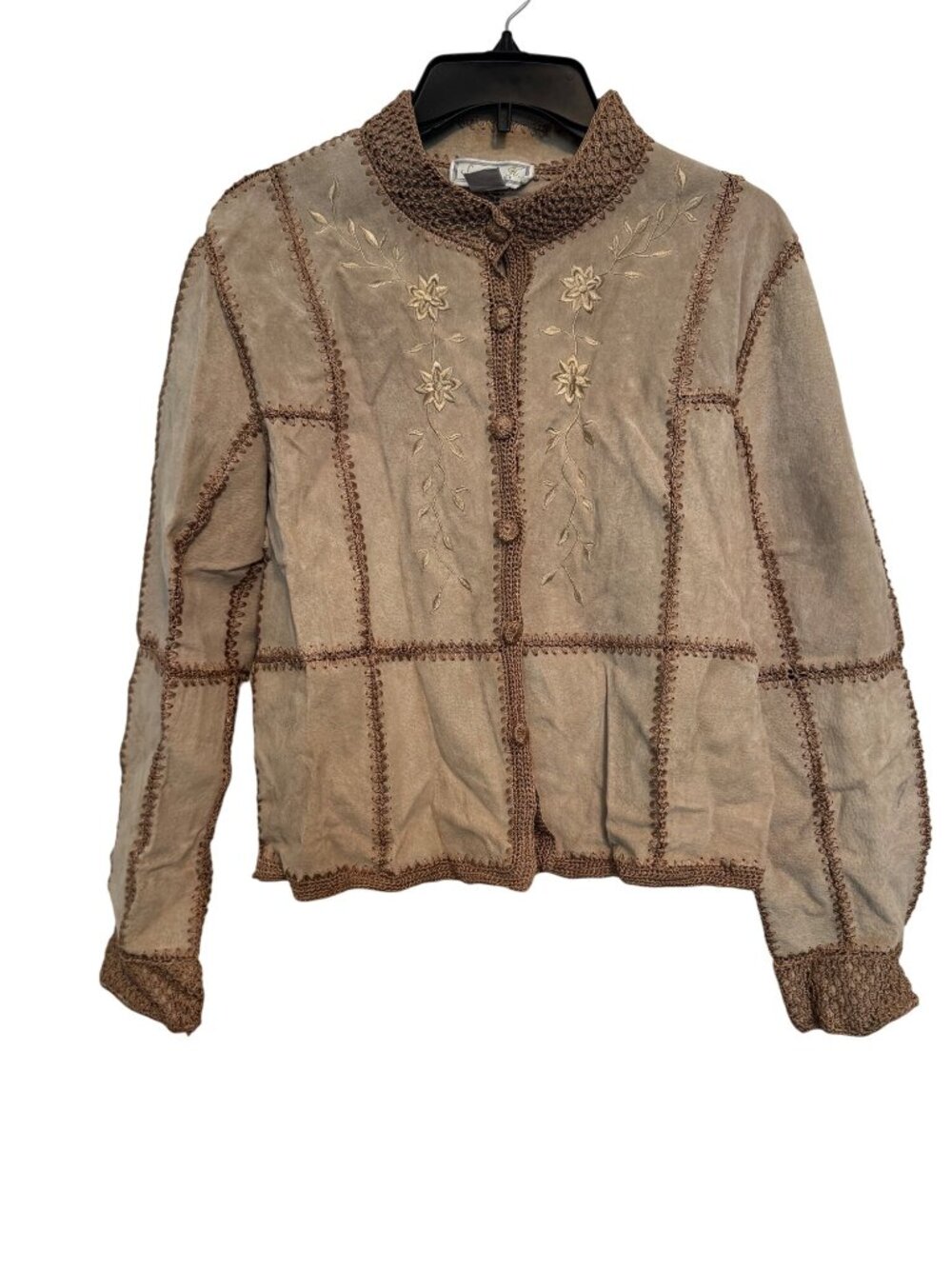 S.M.H. Boutique Womens Medium Embroidered Leather shirt With Crochet Trim